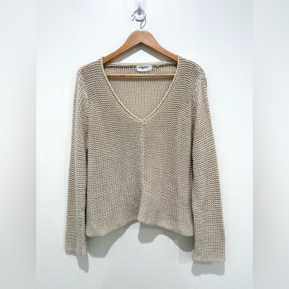 Carly Jean Cream Open Knit Cotton Y2K Chunky Pullover V-Neck Sweater Size S/M
